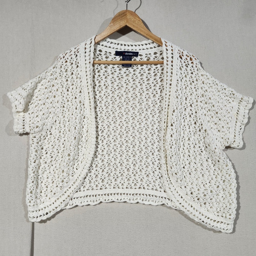 Denim 24/7 Womens 2X White Crochet Open Front Shrug Bolero Short Sleeve Cardigan